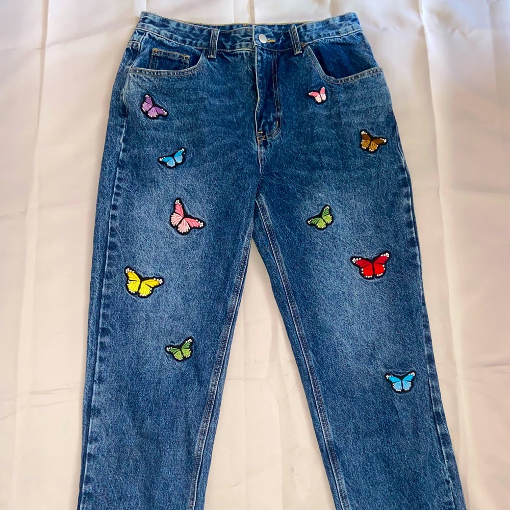 NEW Y2k BUTTERFLY Patch STRAIGHT JEANS !!🦋🦋🦋